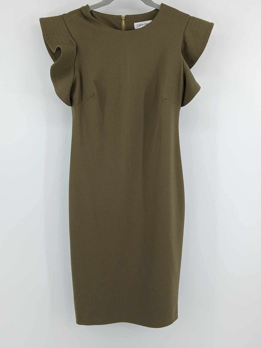 Calvin Klein, olive green ruffle sleeve midi dress